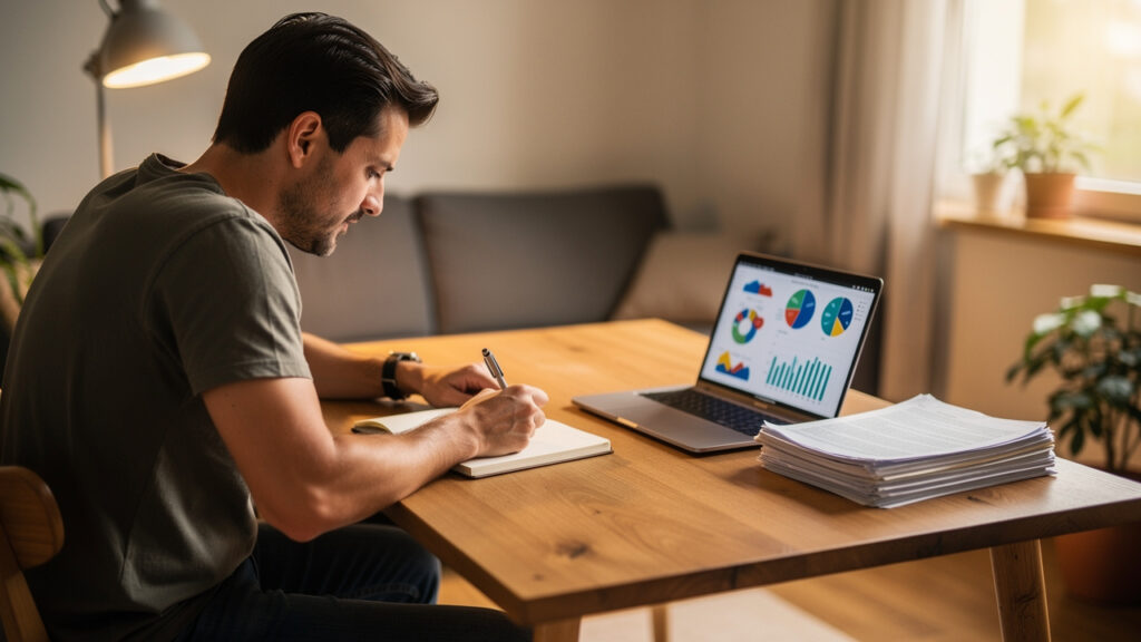 Man writing personal budget plan in notebook at desk