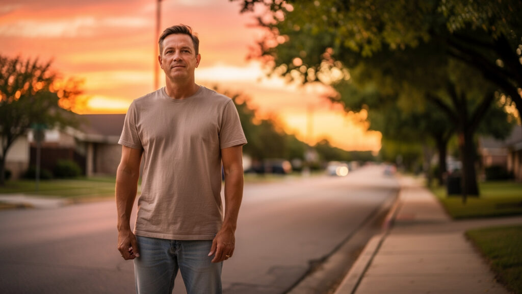 Man standing on sunny street with hopeful expression in recovery
