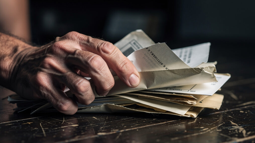 Weathered hands holding stack of overdue financial bills