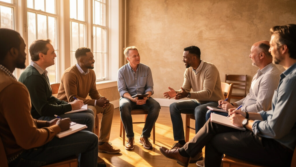 Men in sober living discussing financial recovery support together