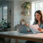 A woman seated at a bright kitchen table with a laptop, smiling with relief as she reviews a financial statement, framed by a soft golden sacred geometry spiral and lotus overlay.