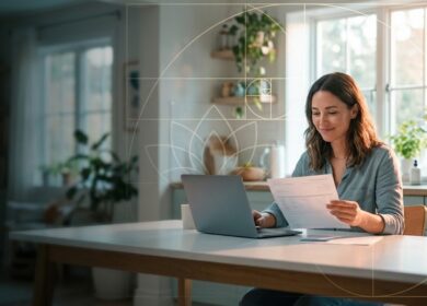 A woman seated at a bright kitchen table with a laptop, smiling with relief as she reviews a financial statement, framed by a soft golden sacred geometry spiral and lotus overlay.