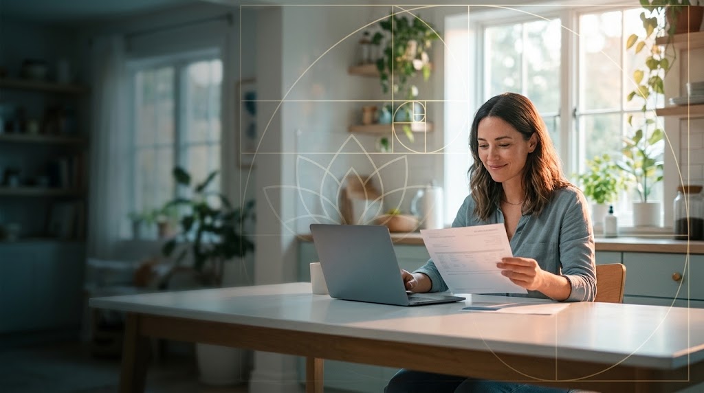 A woman seated at a bright kitchen table with a laptop, smiling with relief as she reviews a financial statement, framed by a soft golden sacred geometry spiral and lotus overlay.