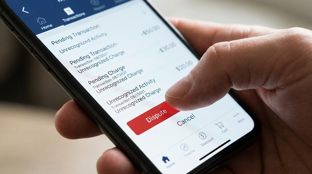 Close-up of a finger pressing a red dispute button on a smartphone banking app showing unrecognized charges.