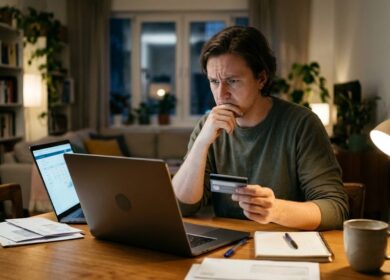 Stressed man looking closely at his laptop screen while holding a credit card at a home desk.