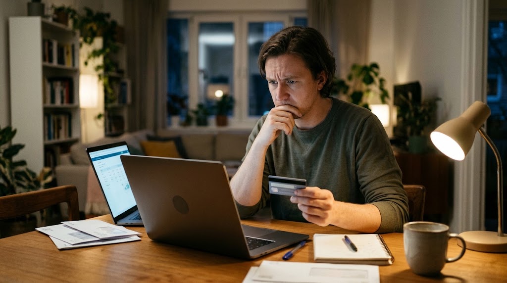 Stressed man looking closely at his laptop screen while holding a credit card at a home desk.